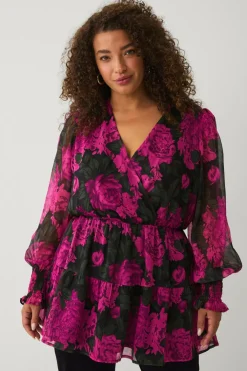 Ellos Tunikaer|Skjorter & Bluser>Plus collection Tunika i chiffon med ballonærme Rosa blomstret