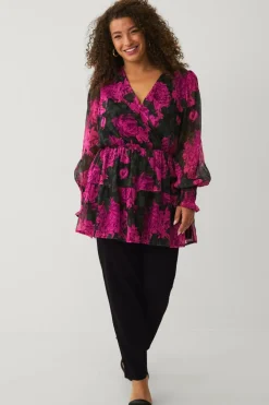 Ellos Tunikaer|Skjorter & Bluser>Plus collection Tunika i chiffon med ballonærme Rosa blomstret