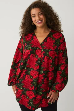 Ellos Tunikaer|Toppe & Tank-Toppe>Plus collection Tunika med v-hals Sort med rød blomst