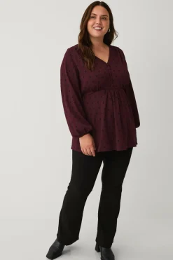 Ellos Tunikaer>Plus collection Tunika med V-hals Bordeaux med sort prik