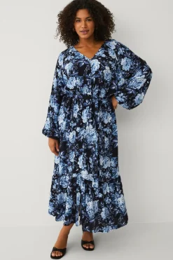 Ellos Kjoler>Plus collection Maxi kjole med volanter Blå blomstret