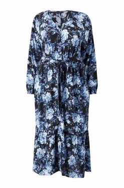 Ellos Kjoler>Plus collection Maxi kjole med volanter Blå blomstret