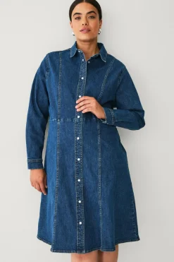 Ellos Kjoler>Plus collection Skjortekjole i denim Mørk blå