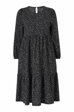 Ellos Kjoler>Plus collection Kjole med flæser Sort hvid mønstret