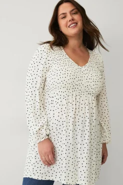 Ellos Tunikaer>Plus collection Tunika med smock Hvid prikket