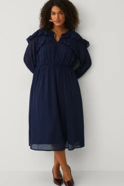 Ellos Kjoler>Plus collection Maxikjole med flæser mørkeblå