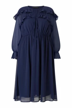 Ellos Kjoler>Plus collection Maxikjole med flæser mørkeblå