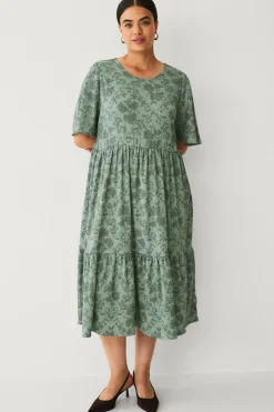 Ellos Kjoler>Plus collection Kjole med flæser Grønt blomsterprint