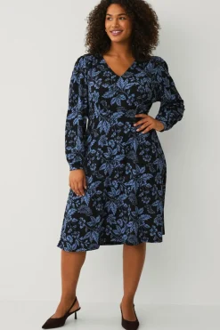 Ellos Kjoler>Plus collection Kjole med pufærmer Blå blomstret