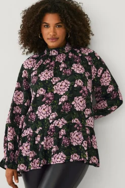 Ellos Plus collection Chiffonbluse med flæser Rosa blomstret