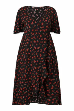 Ellos Kjoler>Plus collection Slå-om kjole med flæser Sort med rød blomst