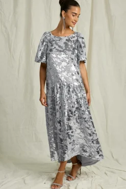 Joelle Kjoler>Maxi kjole med pufærmer sølv