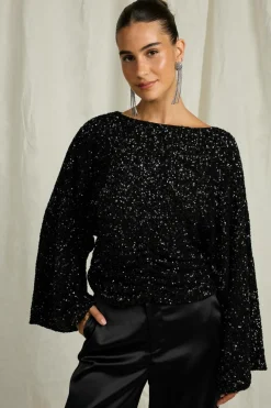Joelle Toppe & Tank-Toppe>Paillet top med brede ærmer sort