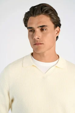 Lindbergh Pullover Rib Knitted L/S V-neck Polo Pearl white Clearance