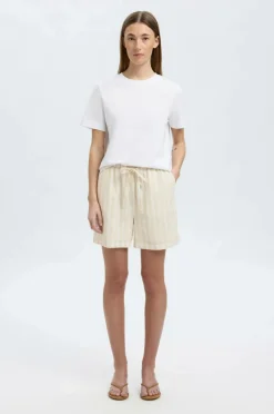 Selected FEMME Hørshorts slfLuisa MW Linen Blend Striped Sandshell Best